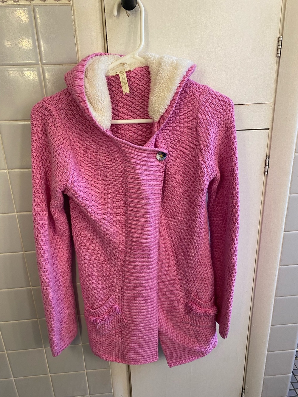 Matilda Jane Pink Hooded Knit Cardigan with Sherpa Trim, Sz. 14